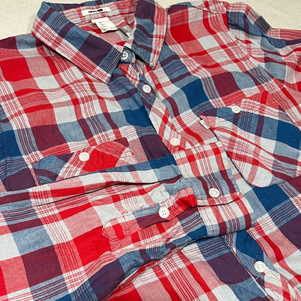 Levi's Women's Plaid Button-Up Shirt - Red Blue Grey Long Sleeve Top‎ Large